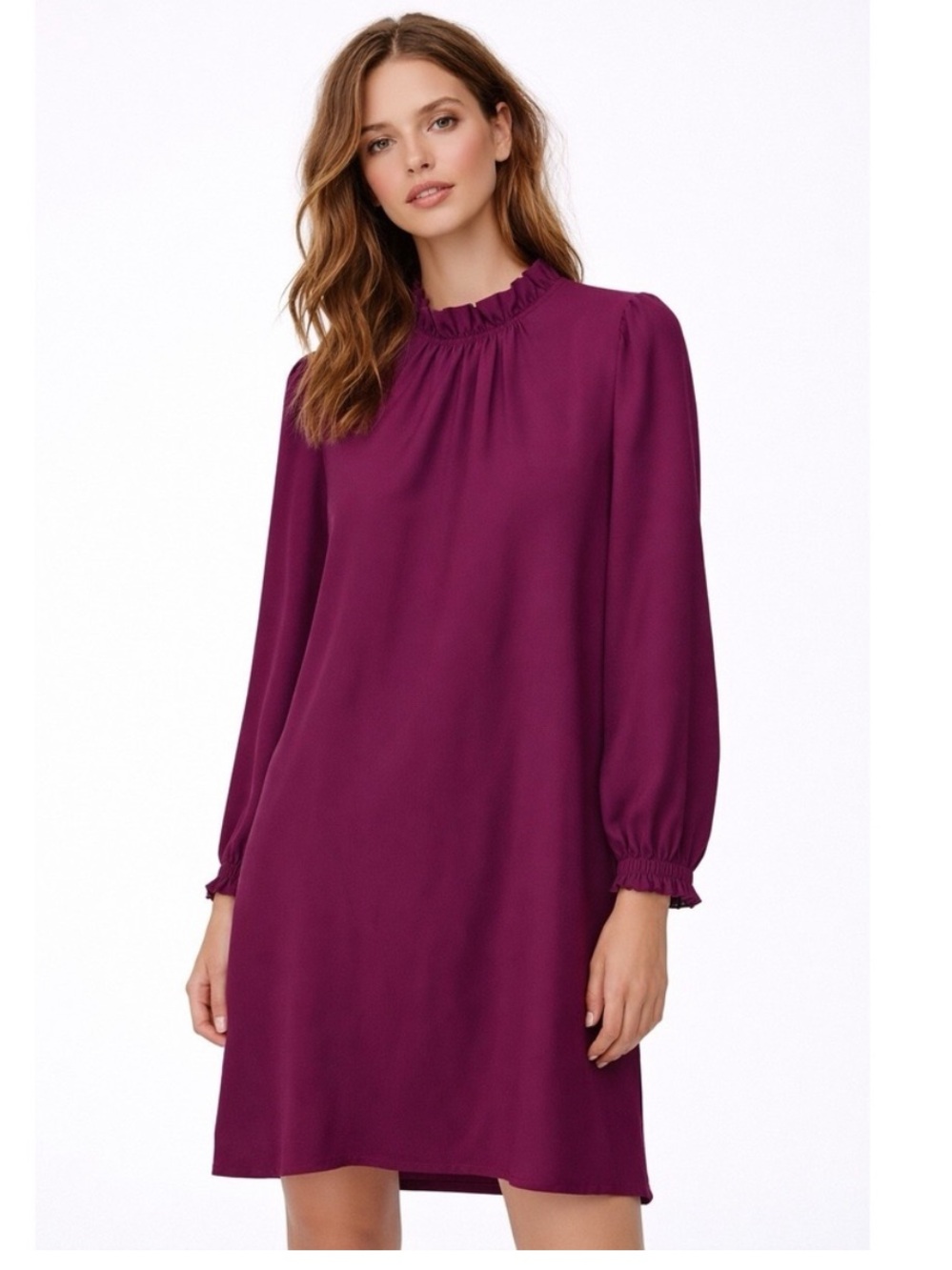 J. Crew Ruffle-Neck Shift Dress in Plum